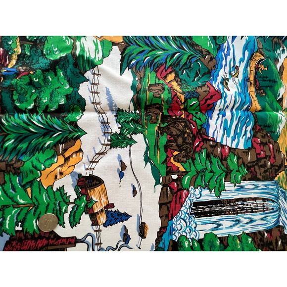 Vintage Fabric Sewing Woods Outdoor River Log Cabin Blue Green 45”x 70" - Picture 5 of 9